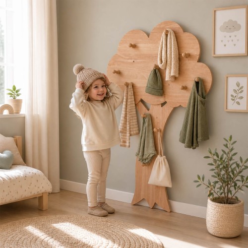 Ein kleines Mädchen zieht ihre Mütze auf - Baum Garderobe